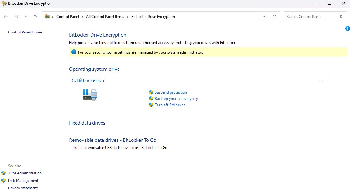 Panoul BitLocker Drive Encryption din Windows arătând starea criptată a driveului C: