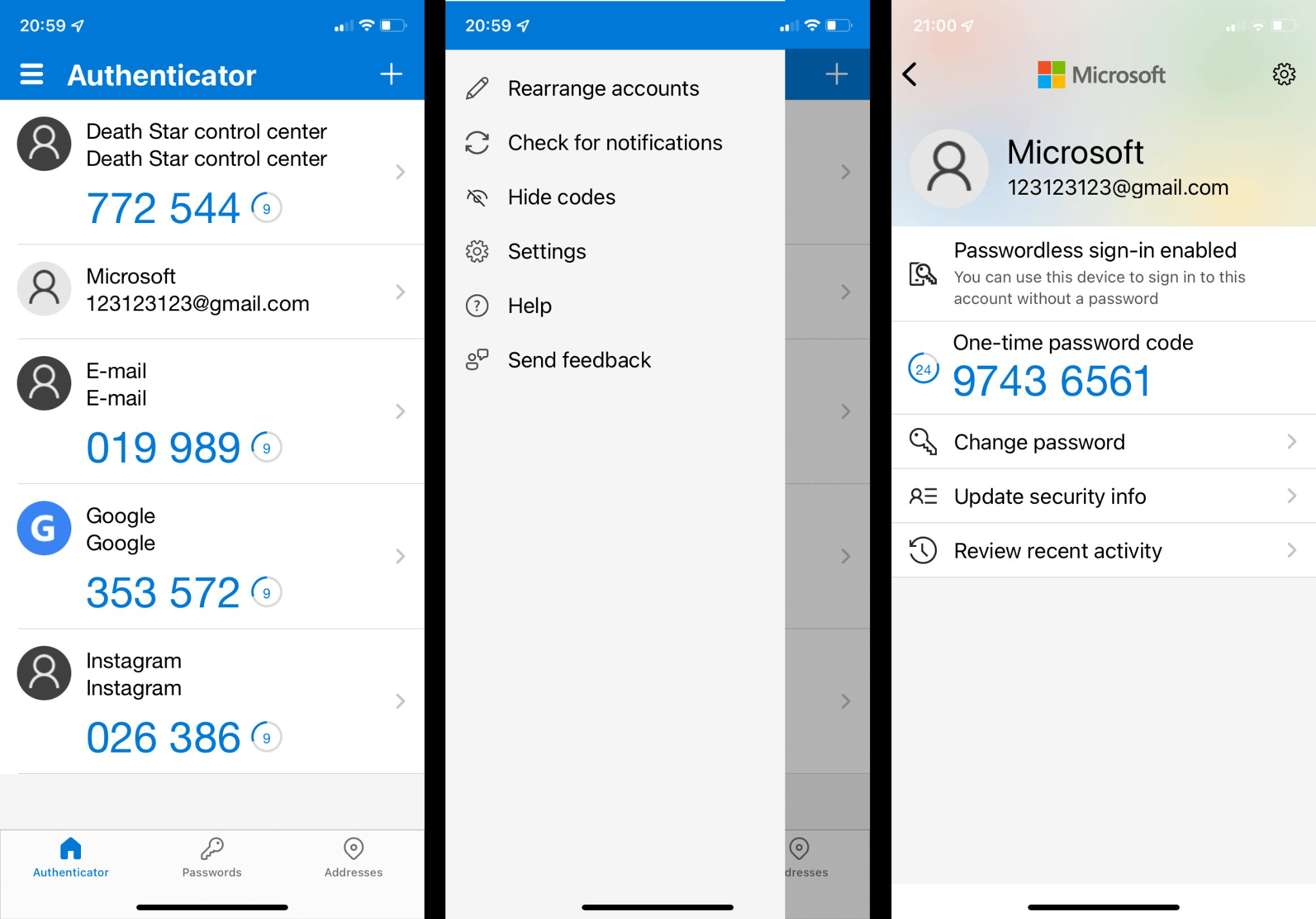 Microsoft Authenticator pe iPhone arătând coduri MFA și opțiunea passwordless sign-in